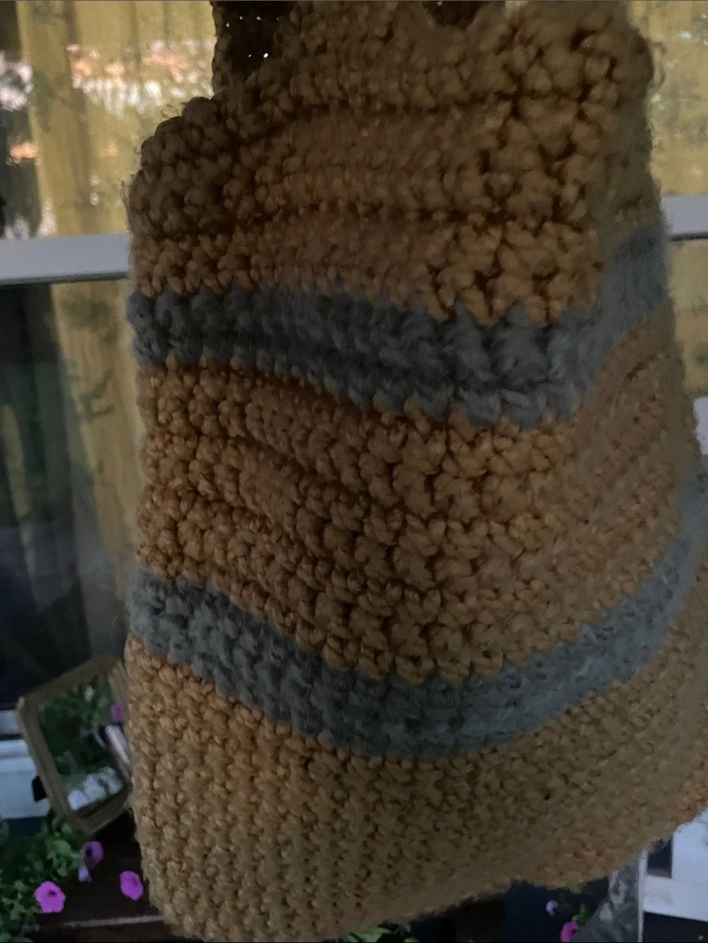 Hand Made Crochet Tote Bag in Kodak Yellow with Moss Green Stripes 🫶🏻